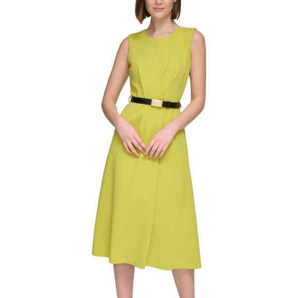 CALVIN KLEIN Fit and Flare Pleated Front Belted Sheath DRESS - Picture 1 of 7